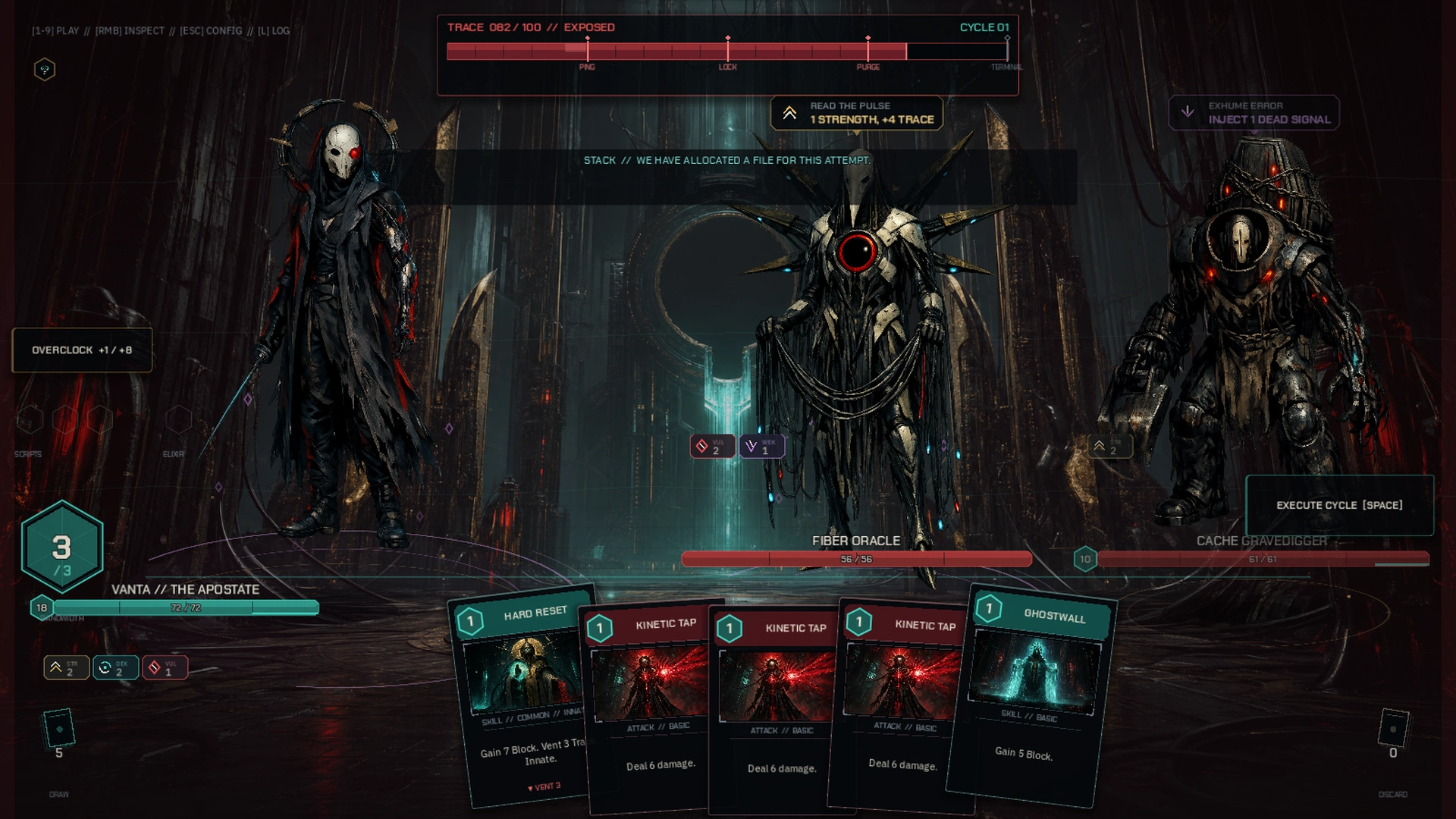 BLACK STACK combat at high Trace, with cards and status effects visible